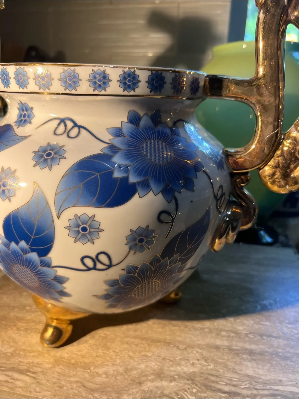 Blue Floral Porcelain Urn with Gold Dragon Handles